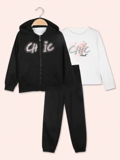 Sweet Junior Completo tuta 3 pezzi da bambina con cappuccio e zip - nero