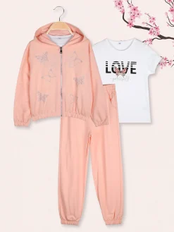 Sweet Junior Completo tuta 3 pezzi da bambina con farfalle di strass cappuccio e zip - corallo