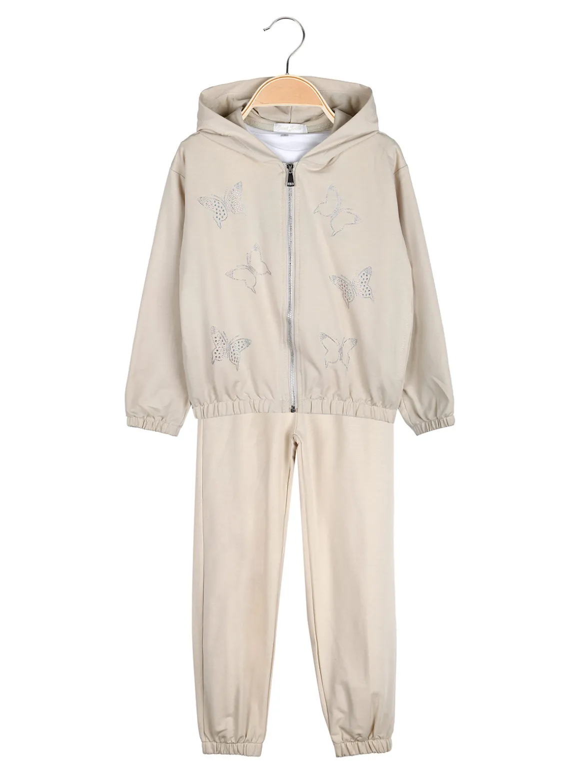 Sweet Junior Completo tuta 3 pezzi da bambina con farfalle di strass cappuccio e zip - beige