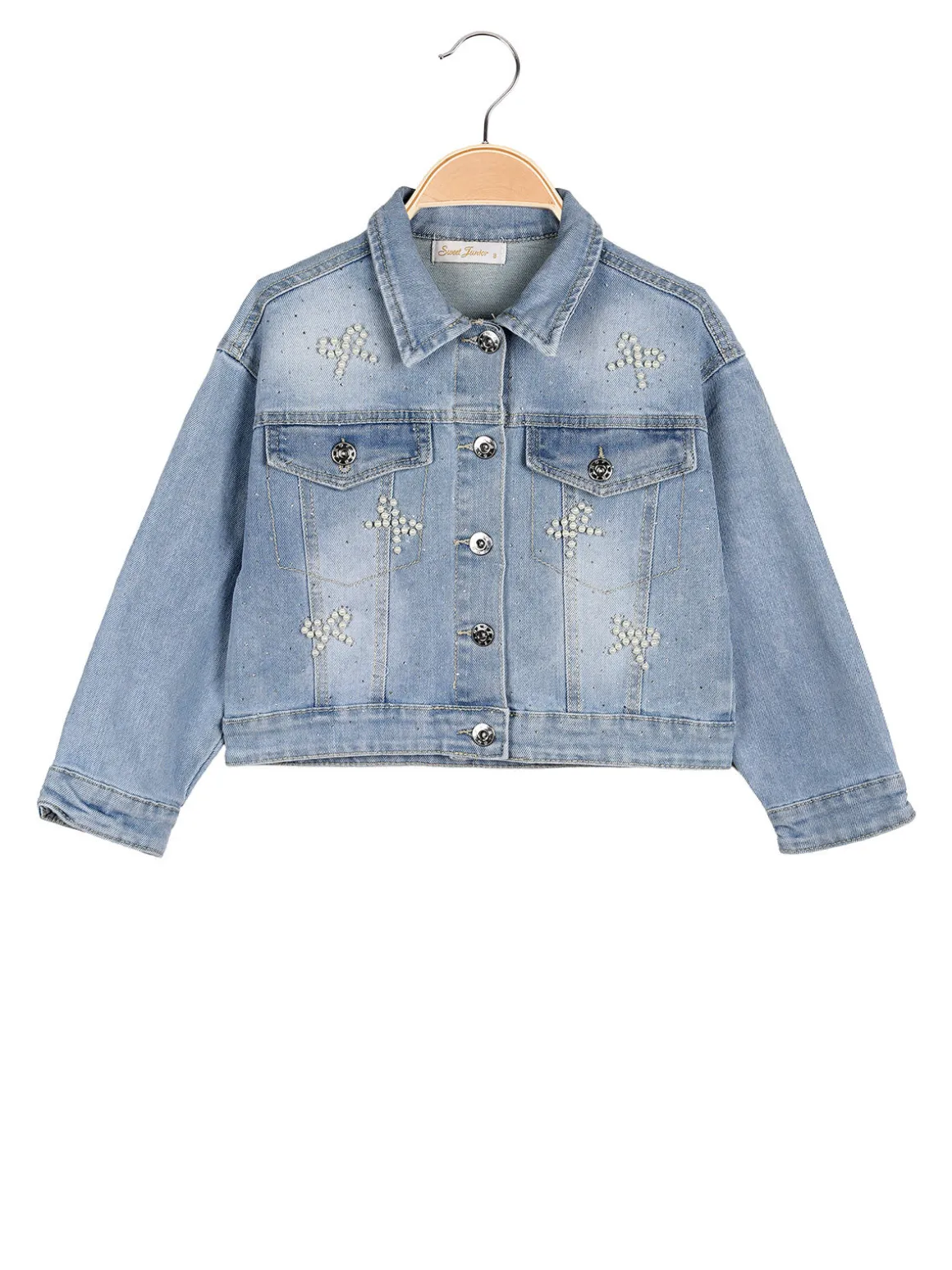 Sweet Junior Giacca cropped da bambina in jeans con perle e strass - jeans