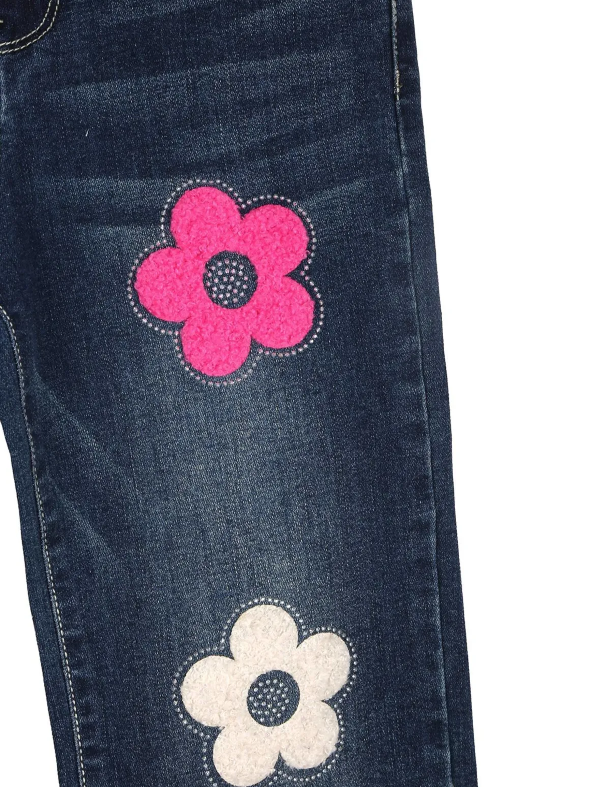 Sweet Junior Jeans da bambina a gamba dritta con fiori di peluche e strass - jeans