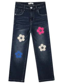 Sweet Junior Jeans da bambina a gamba dritta con fiori di peluche e strass - jeans
