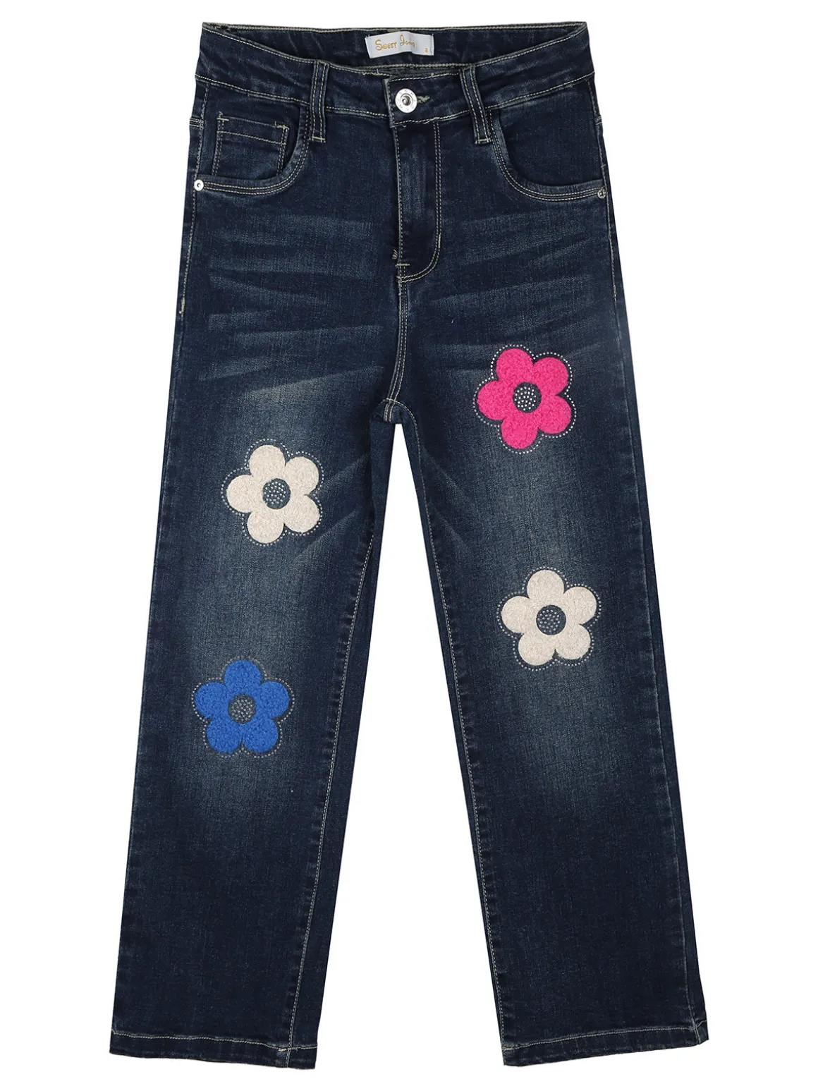 Sweet Junior Jeans da bambina a gamba dritta con fiori di peluche e strass - jeans
