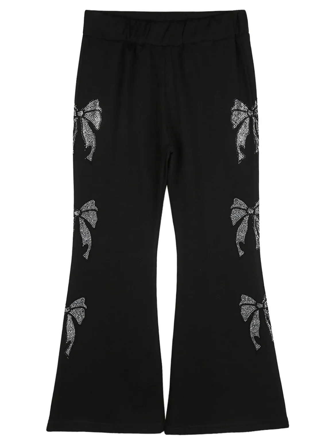 Sweet Junior Pantaloni da bambina a zampa con fiocchi di strass ed elastico in vita - nero