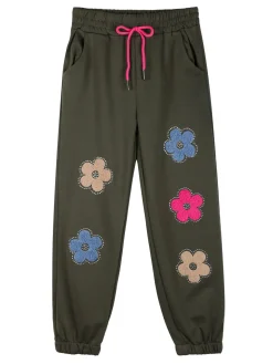 Sweet Junior Pantaloni tuta da bambina con fiori di peluche e strass - militare