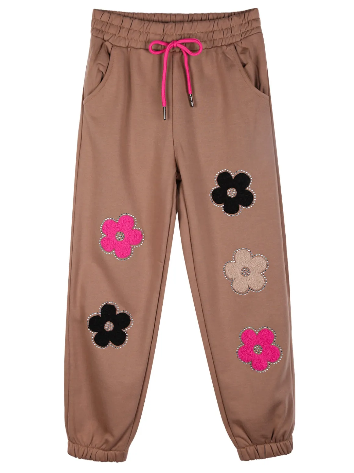 Sweet Junior Pantaloni tuta da bambina con fiori di peluche e strass - marrone