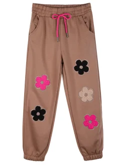 Sweet Junior Pantaloni tuta da bambina con fiori di peluche e strass - marrone