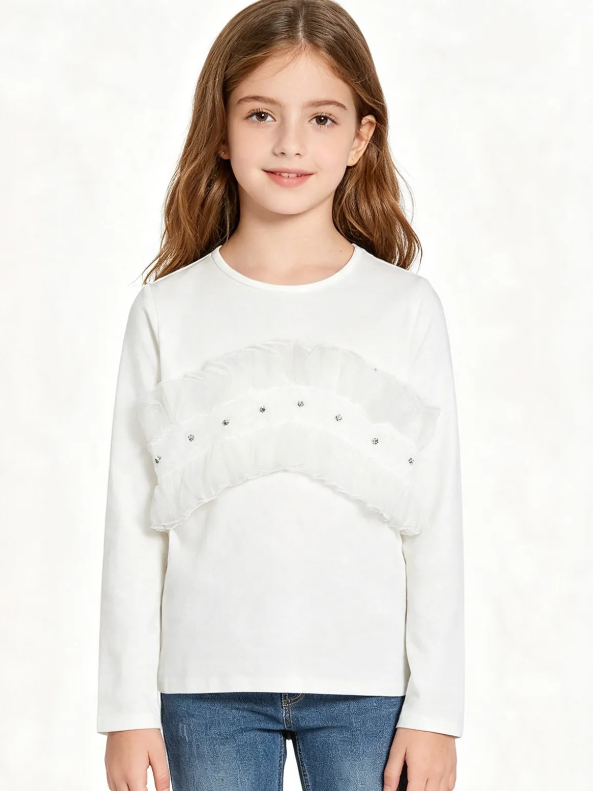 Sweet Junior T-shirt da bambina a maniche lunghe con tulle e strass - bianco