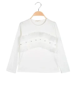 Sweet Junior T-shirt da bambina a maniche lunghe con tulle e strass - bianco