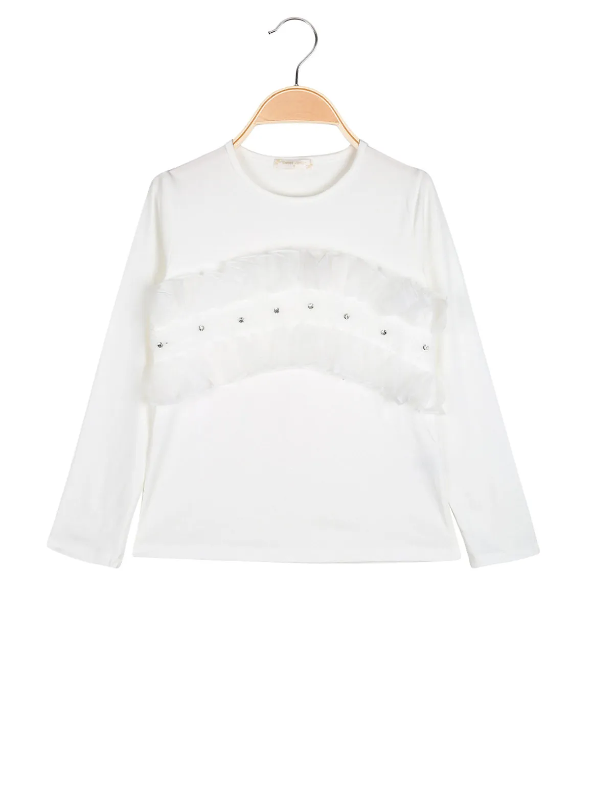 Sweet Junior T-shirt da bambina a maniche lunghe con tulle e strass - bianco