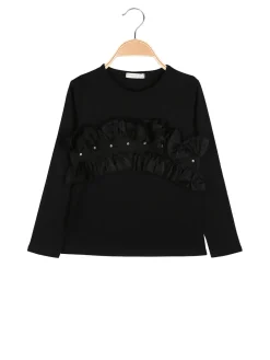 Sweet Junior T-shirt da bambina a maniche lunghe con tulle e strass - nero