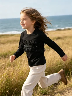 Sweet Junior T-shirt da bambina a maniche lunghe con tulle e strass - nero