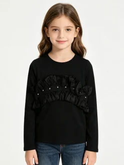 Sweet Junior T-shirt da bambina a maniche lunghe con tulle e strass - nero