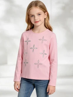 Sweet Junior T-shirt da bambina a maniche lunghe con strass e perle - rosa