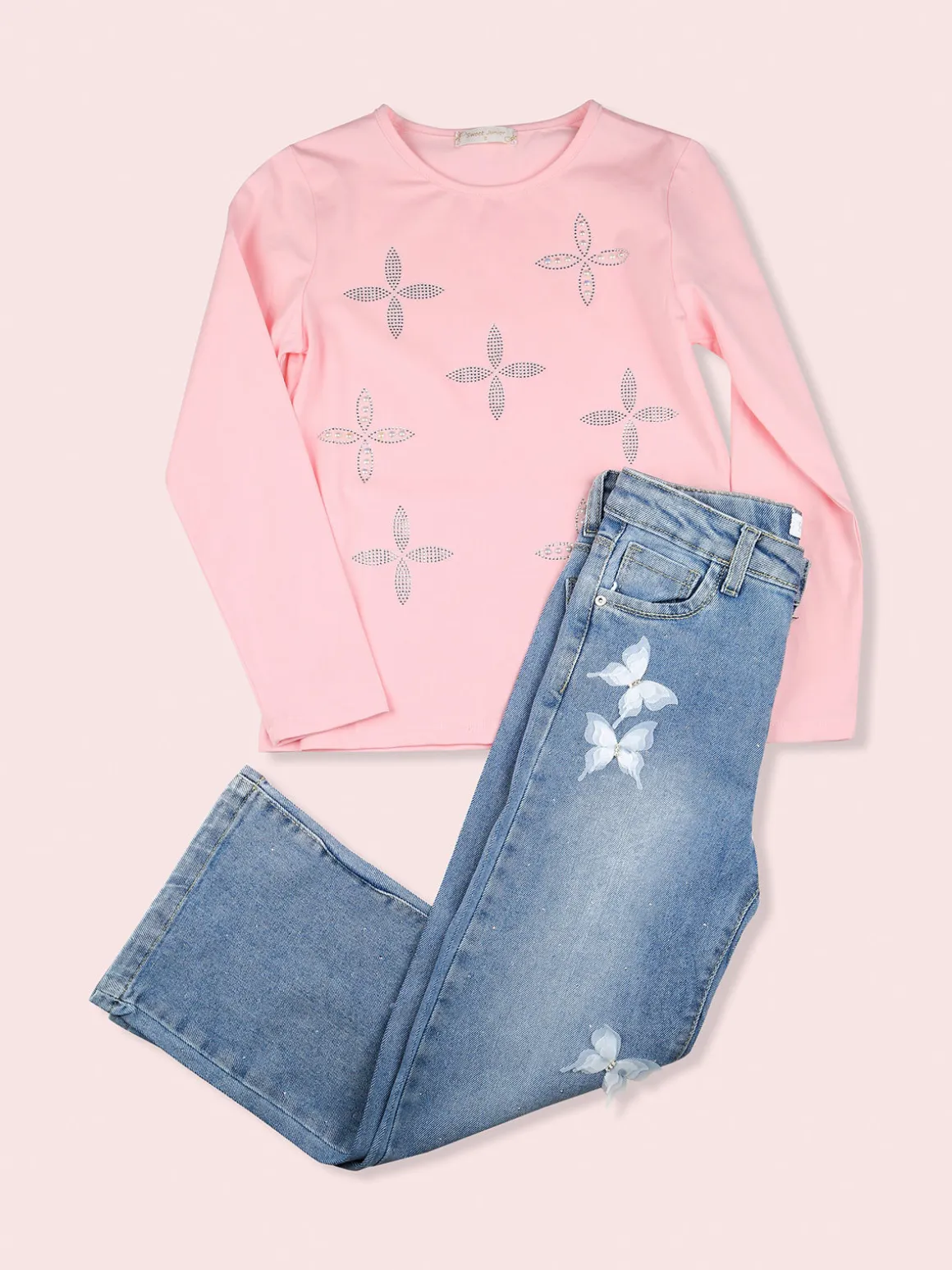 Sweet Junior T-shirt da bambina a maniche lunghe con strass e perle - rosa