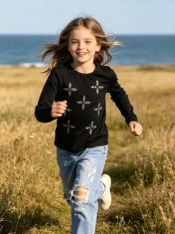 Sweet Junior T-shirt da bambina a maniche lunghe con strass e perle - nero