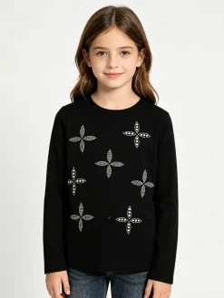 Sweet Junior T-shirt da bambina a maniche lunghe con strass e perle - nero
