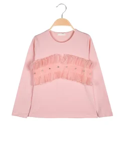Sweet Junior T-shirt da bambina a maniche lunghe con tulle e strass - rosa