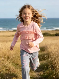 Sweet Junior T-shirt da bambina a maniche lunghe con tulle e strass - rosa