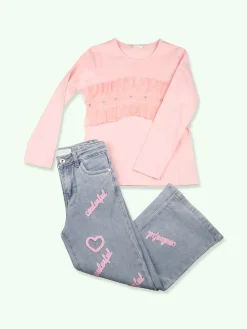 Sweet Junior T-shirt da bambina a maniche lunghe con tulle e strass - rosa