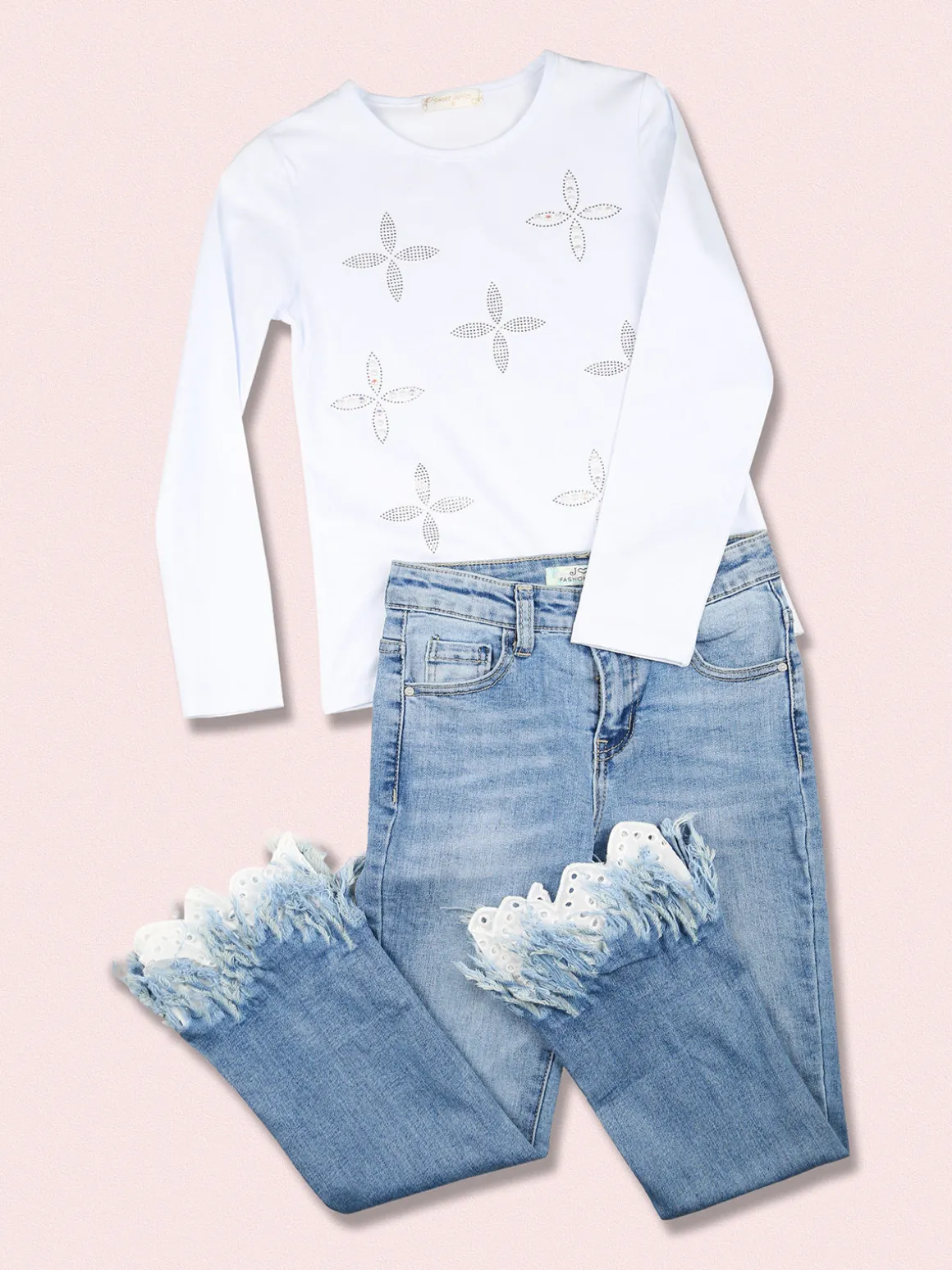 Sweet Junior T-shirt da bambina a maniche lunghe con strass e perle - bianco