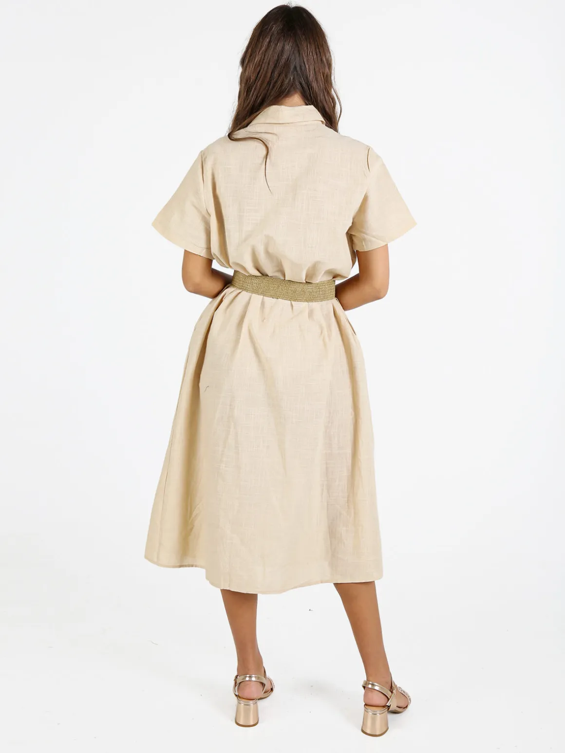 Sweet Miss Abito donna a maniche corte in misto lino con ricami - beige