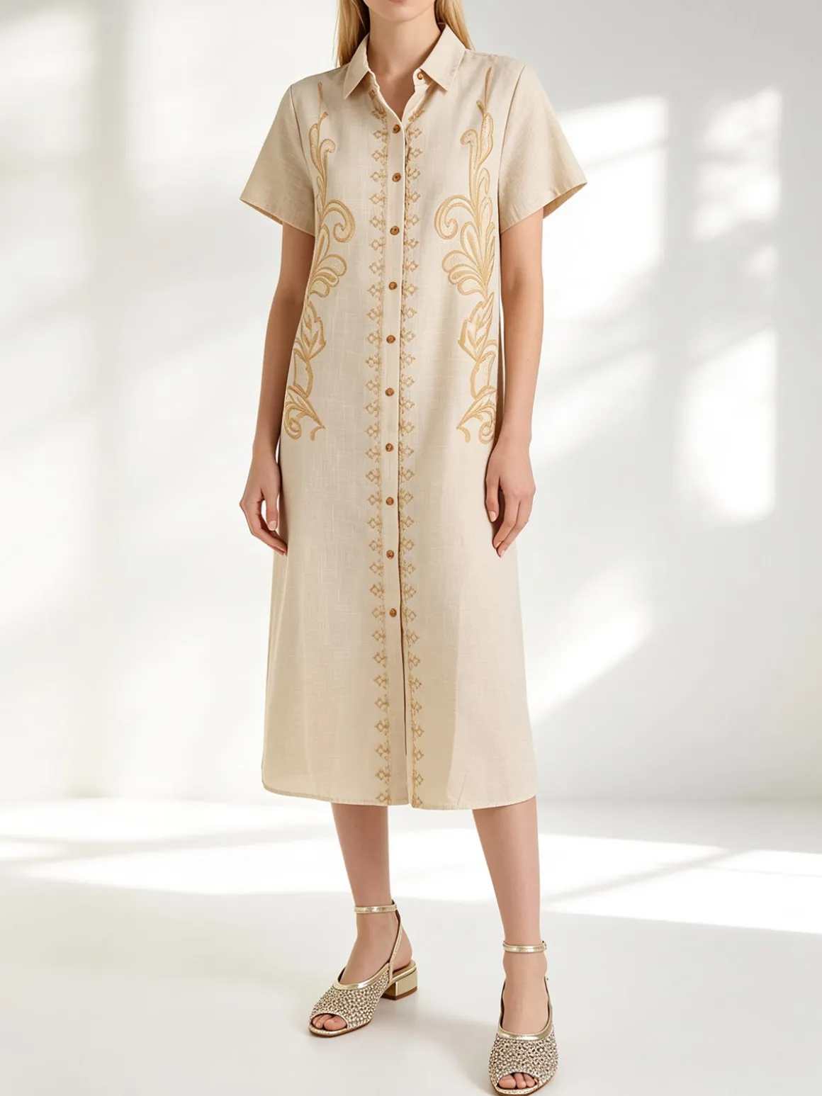 Sweet Miss Abito donna a maniche corte in misto lino con ricami - beige