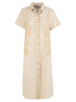 Sweet Miss Abito donna a maniche corte in misto lino con ricami - beige