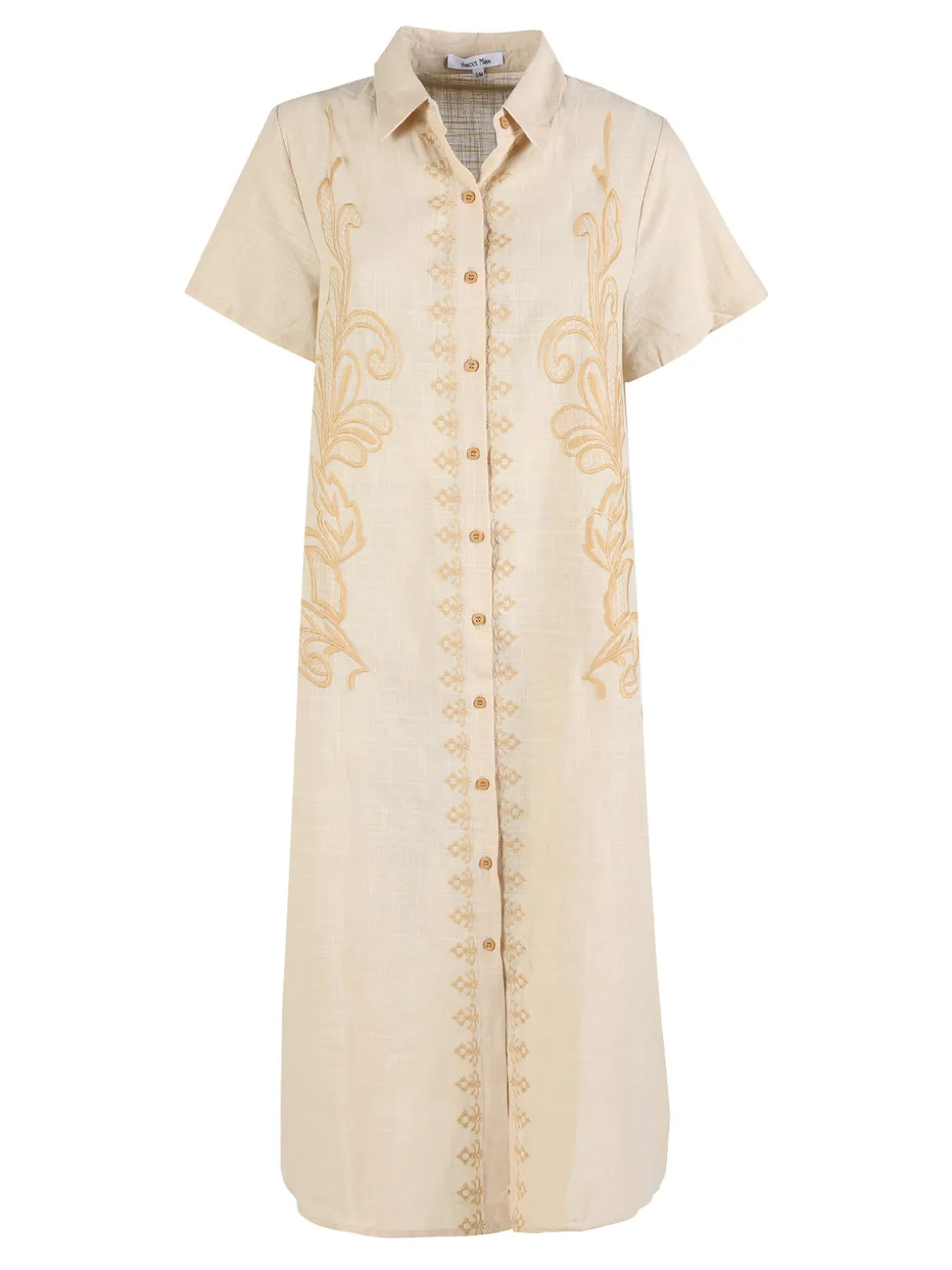 Sweet Miss Abito donna a maniche corte in misto lino con ricami - beige