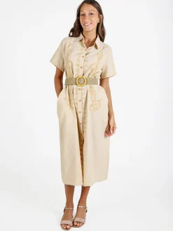 Sweet Miss Abito donna a maniche corte in misto lino con ricami - beige