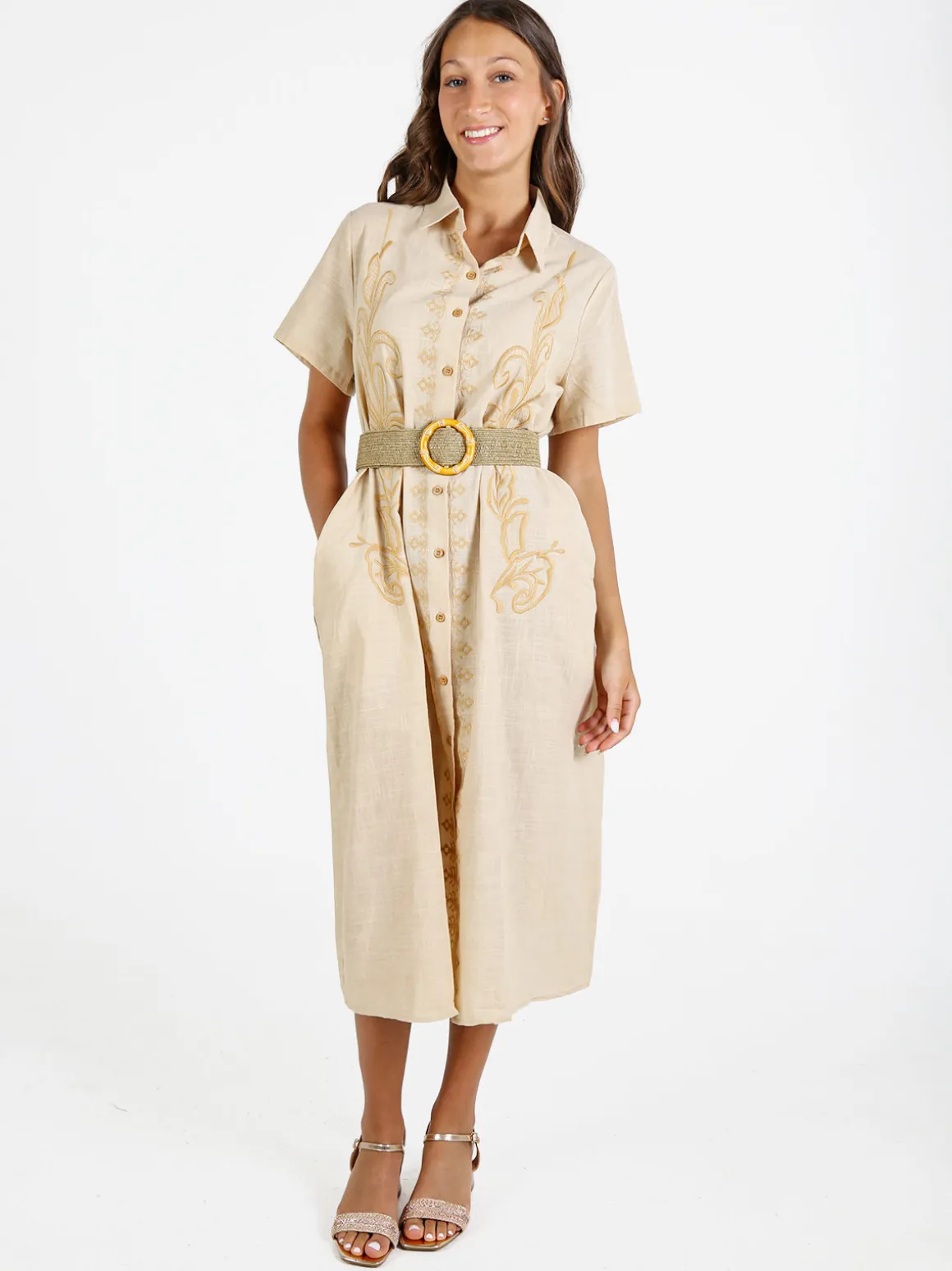 Sweet Miss Abito donna a maniche corte in misto lino con ricami - beige