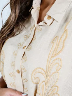Sweet Miss Abito donna a maniche corte in misto lino con ricami - beige