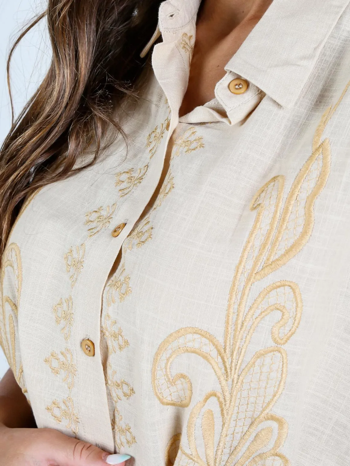 Sweet Miss Abito donna a maniche corte in misto lino con ricami - beige