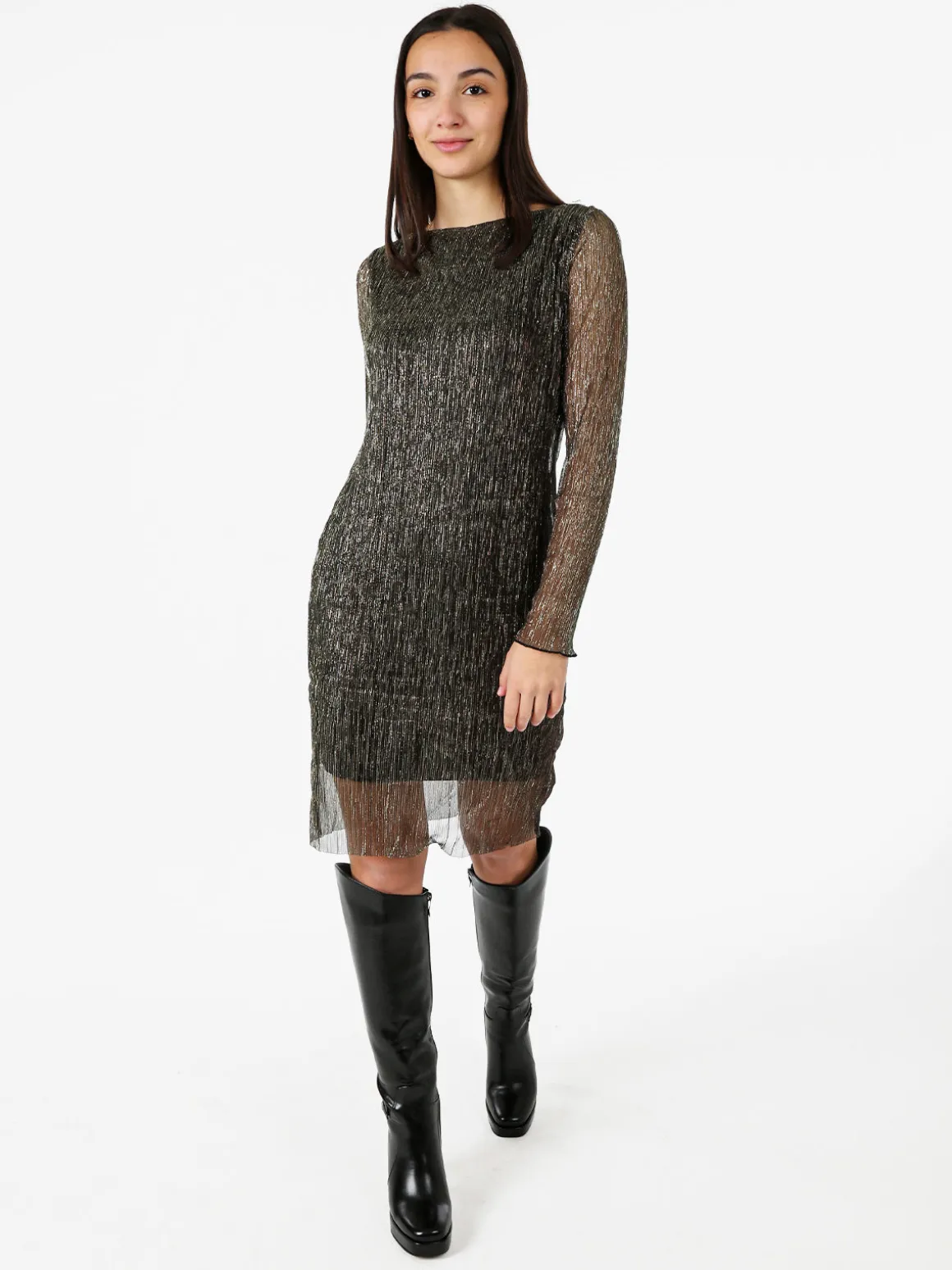 Sweet Miss Abito donna in lurex con maniche lunghe velate - marrone