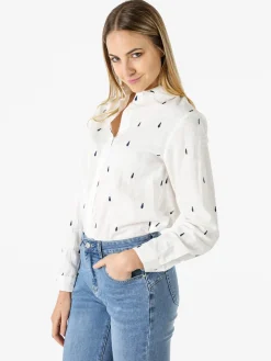 Sweet Miss Camicia donna in misto cotone e lino a maniche lunghe con ricami a goccia - blu