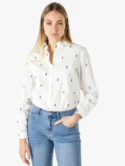 Sweet Miss Camicia donna in misto cotone e lino a maniche lunghe con ricami a goccia - blu