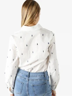 Sweet Miss Camicia donna in misto cotone e lino a maniche lunghe con ricami a goccia - blu