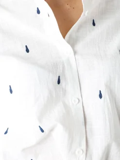 Sweet Miss Camicia donna in misto cotone e lino a maniche lunghe con ricami a goccia - blu