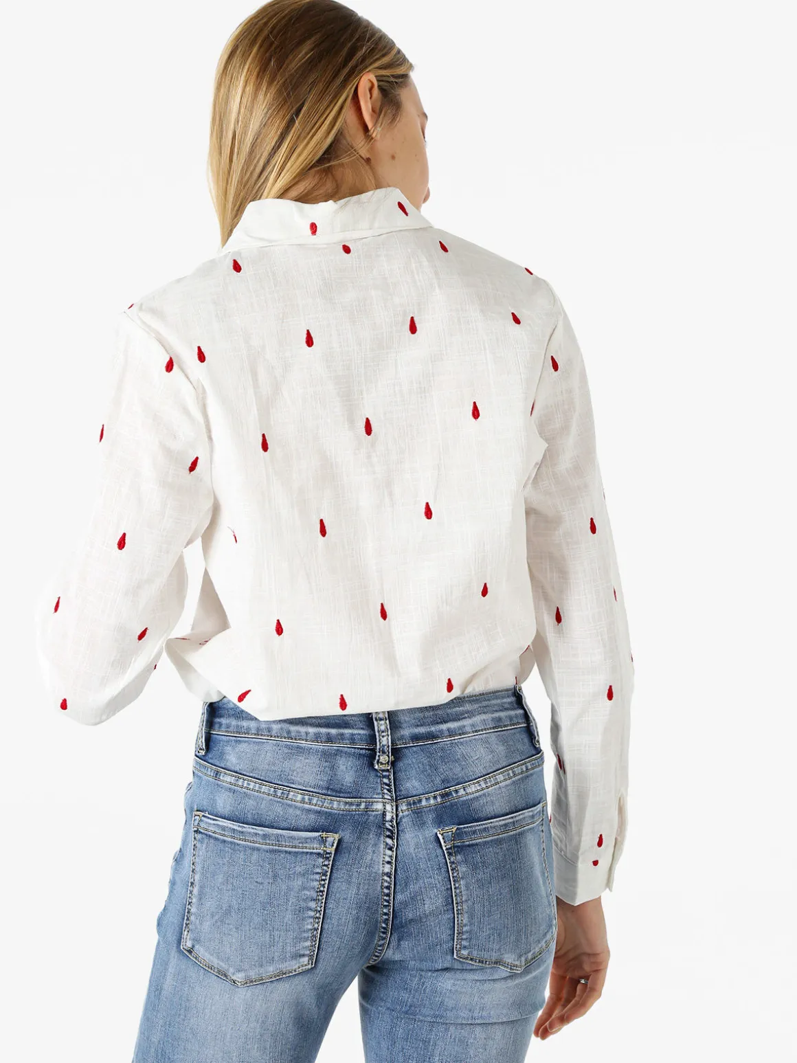 Sweet Miss Camicia donna in misto cotone e lino a maniche lunghe con ricami a goccia - rosso