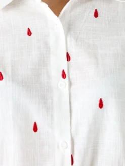 Sweet Miss Camicia donna in misto cotone e lino a maniche lunghe con ricami a goccia - rosso