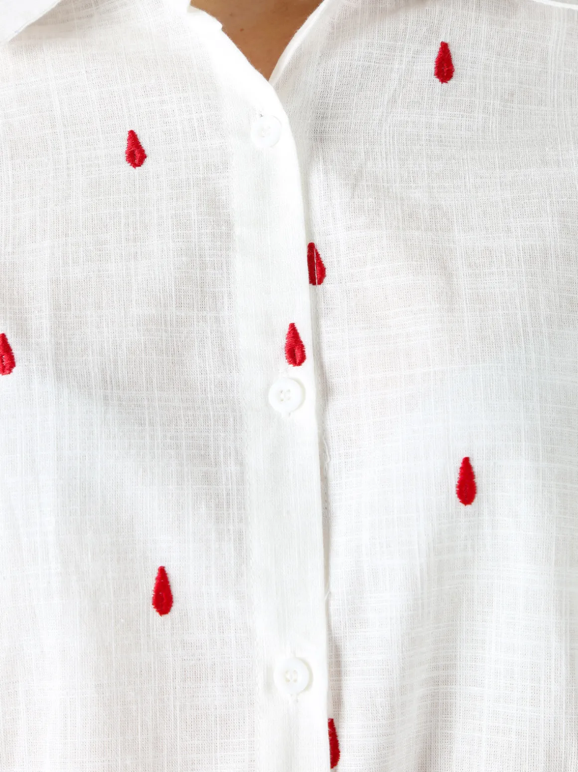 Sweet Miss Camicia donna in misto cotone e lino a maniche lunghe con ricami a goccia - rosso
