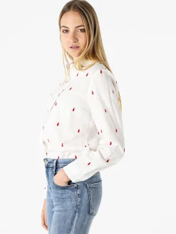 Sweet Miss Camicia donna in misto cotone e lino a maniche lunghe con ricami a goccia - rosso