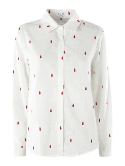 Sweet Miss Camicia donna in misto cotone e lino a maniche lunghe con ricami a goccia - rosso