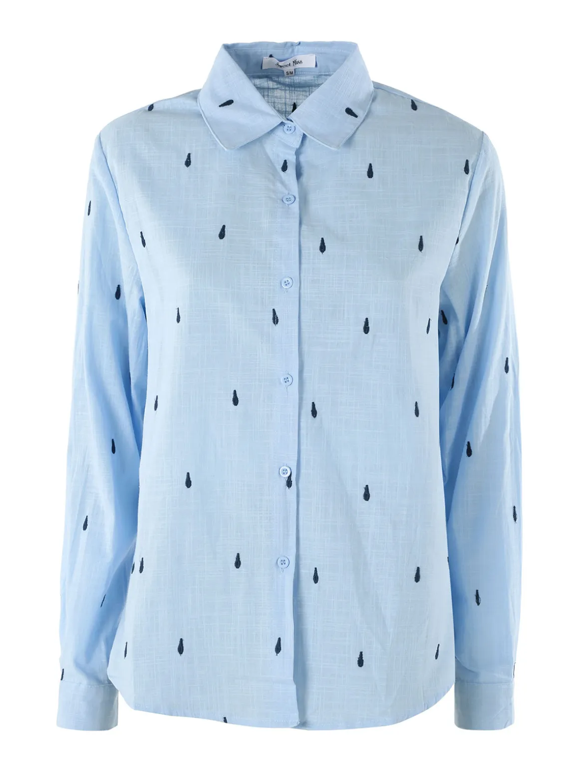 Sweet Miss Camicia donna in misto cotone e lino a maniche lunghe con ricami a goccia - azzurro