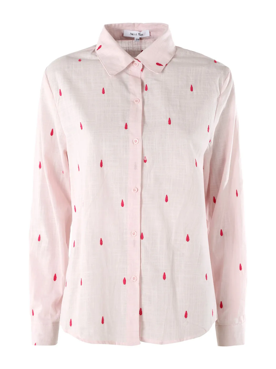 Sweet Miss Camicia donna in misto cotone e lino a maniche lunghe con ricami a goccia - rosa