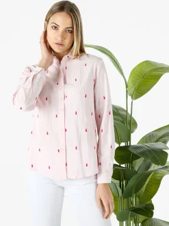 Sweet Miss Camicia donna in misto cotone e lino a maniche lunghe con ricami a goccia - rosa