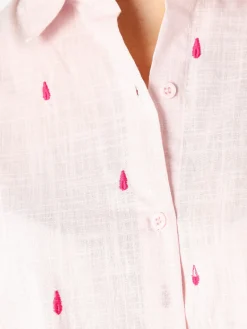 Sweet Miss Camicia donna in misto cotone e lino a maniche lunghe con ricami a goccia - rosa