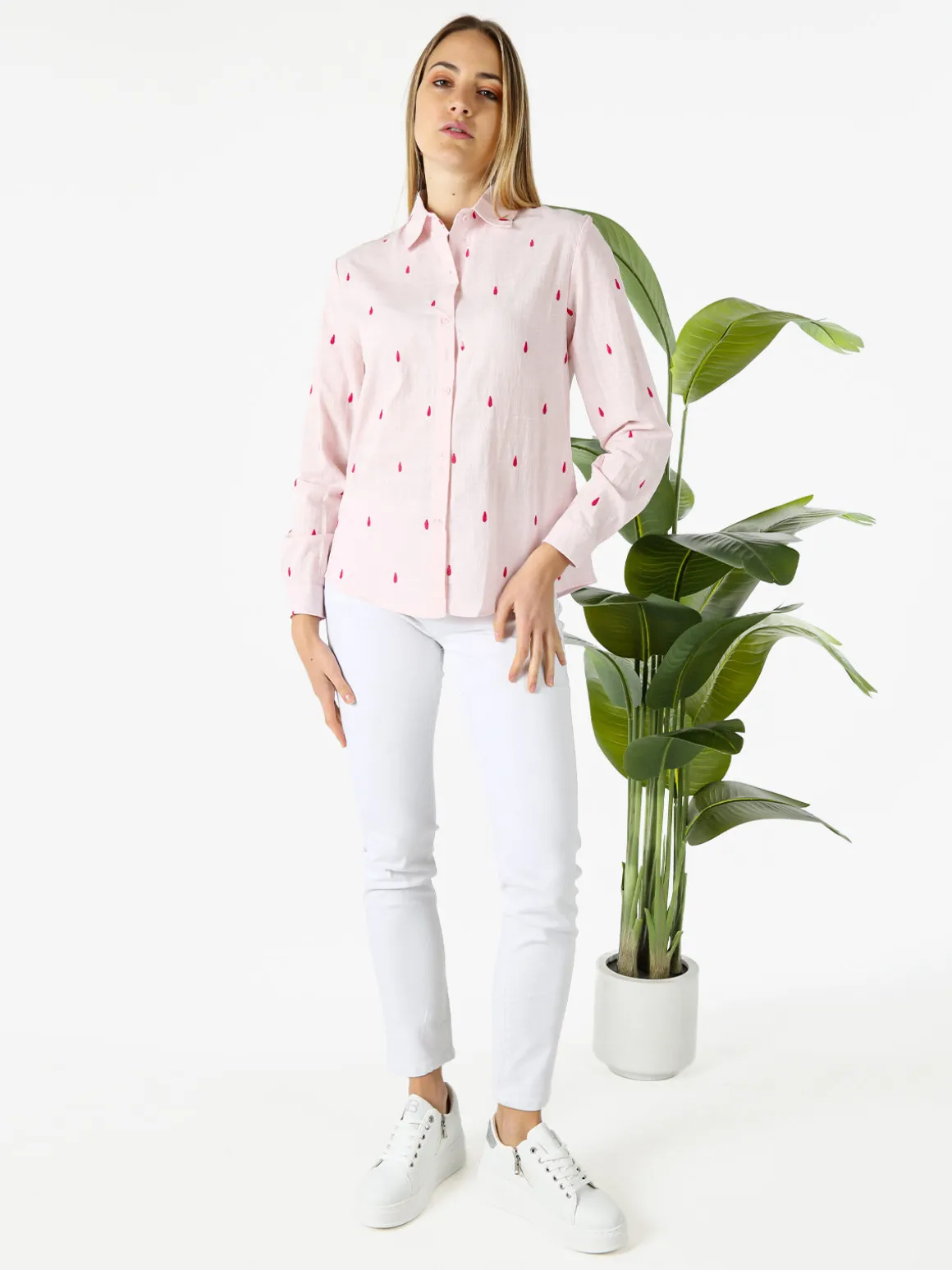 Sweet Miss Camicia donna in misto cotone e lino a maniche lunghe con ricami a goccia - rosa