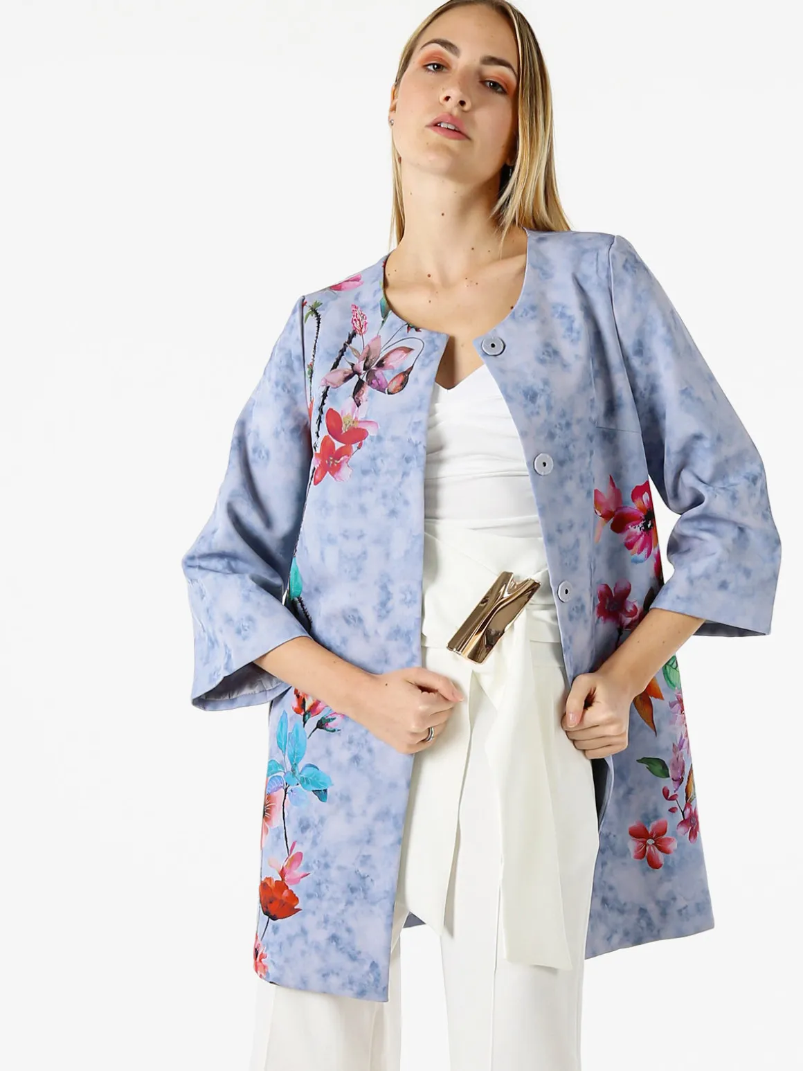 Sweet Miss Cappotto donna con stampe floreali e maniche 3/4 a campana - blu