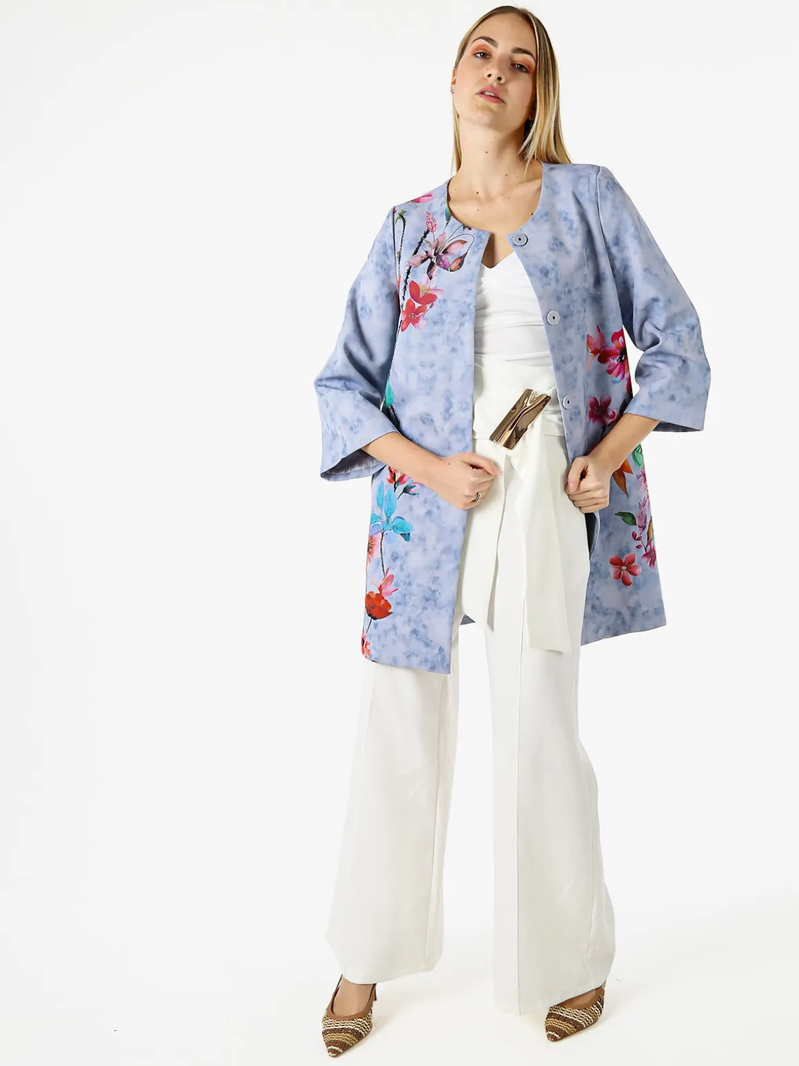 Sweet Miss Cappotto donna con stampe floreali e maniche 3/4 a campana - blu